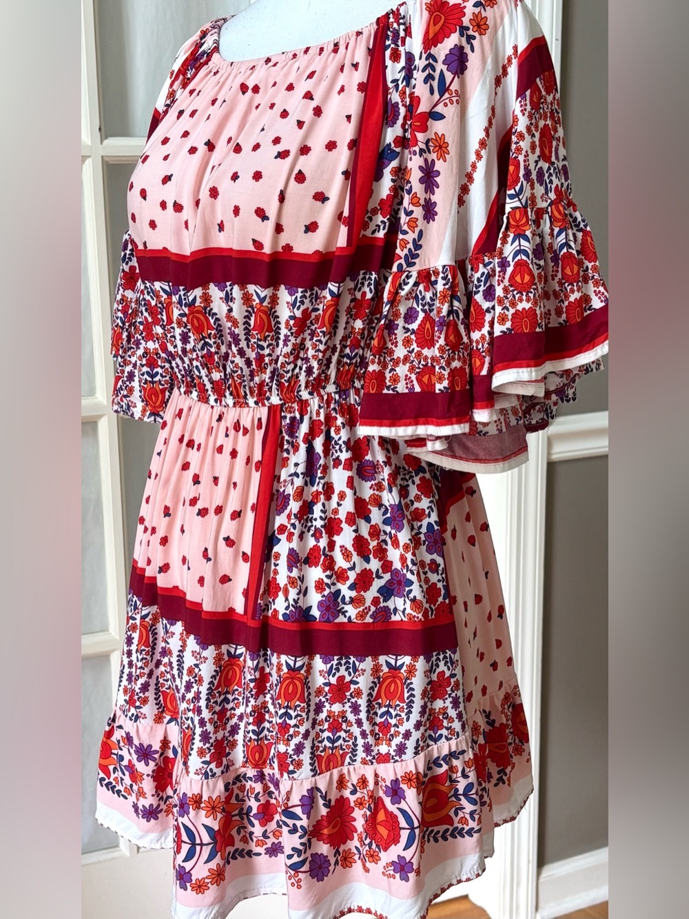 And The Why Pink Floral Bell Sleeve Boho Top Medium